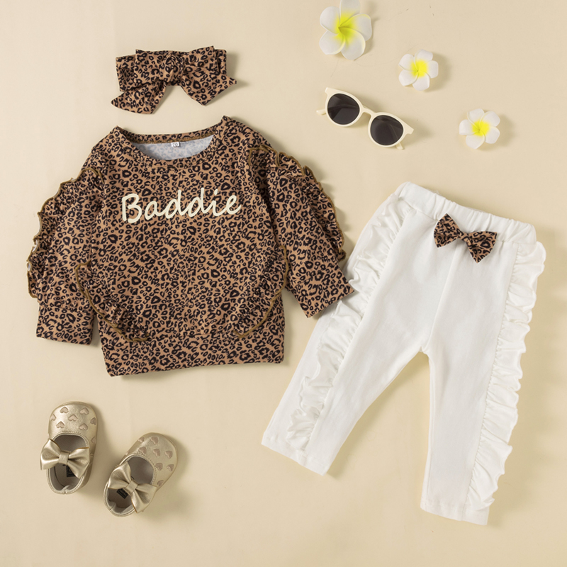 

3pcs Leopard Print Ruffles Long-sleeve Baby Set
