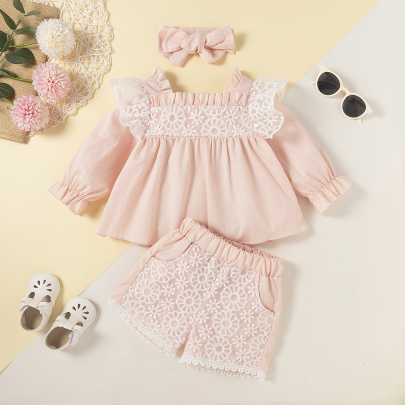 

100% Cotton 3pcs Pink Lace Splicing Long-sleeve Baby Set
