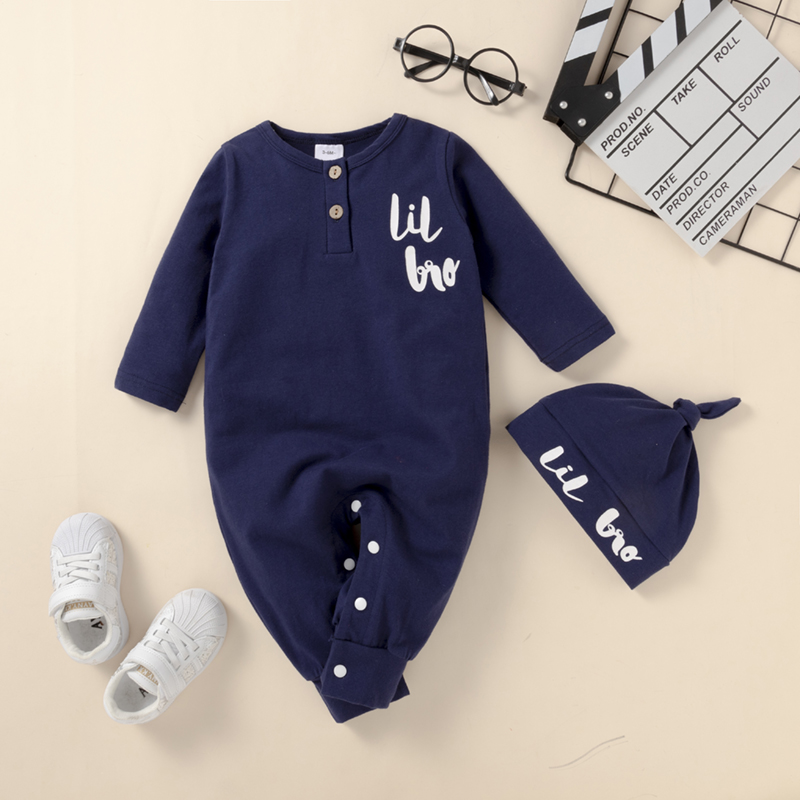 

2pcs Baby Boy Letter Print Dark Blue Long-sleeve Jumpsuit Set