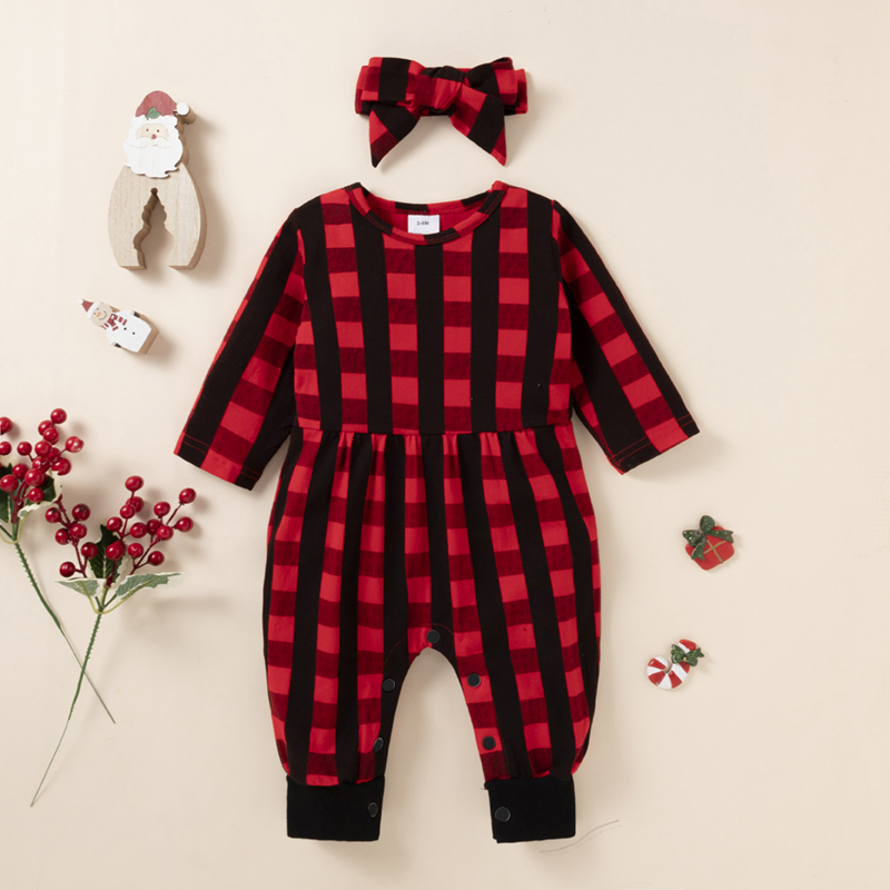 

Baby Girl 2pcs Red Plaid Print Long-sleeve Jumpsuit and Headband Set