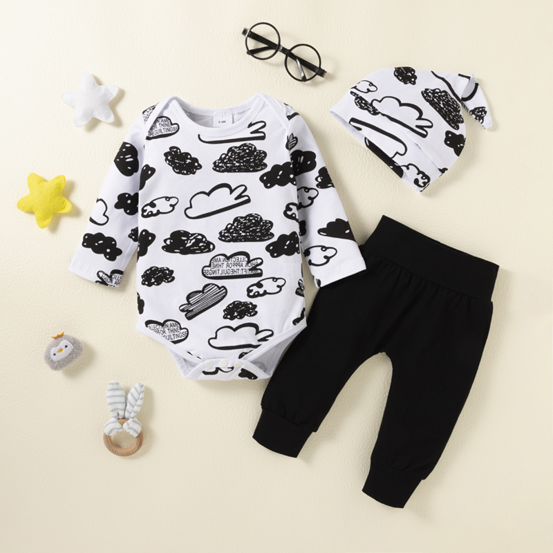 

Baby Boy 3pcs Black and White Cloud Print Long Sleeve Romper Set