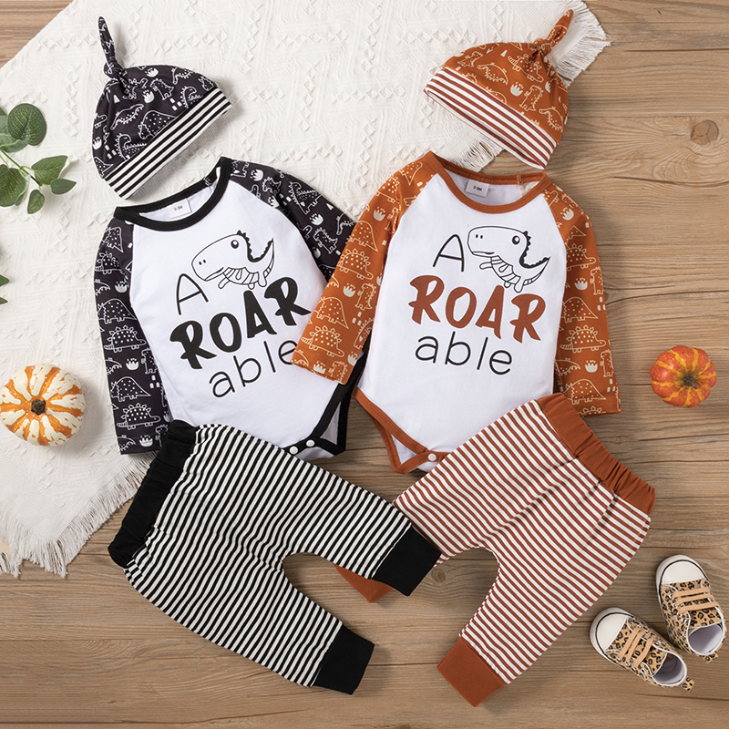 

3pcs Baby Boy Cartoon Dinosaur and Letter Print Long-sleeve Cotton Romper with Striped Pants Set