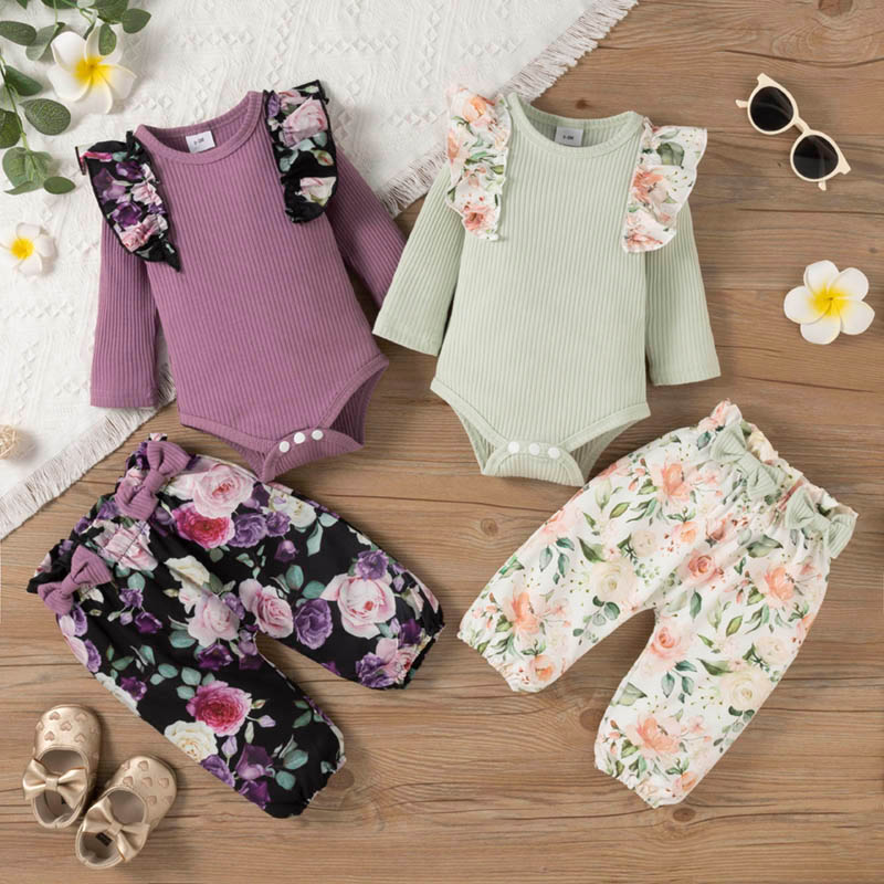 

2pcs Baby Girl Ruffle Long-sleeve Ribbed Romper and Bowknot Floral Print Trousers Set