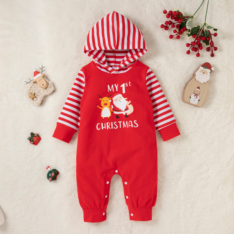 

Christmas Cartoon Letter Print Red Baby Boy/Girl Striped Long-sleeve Hooded Cotton Jumpsuit