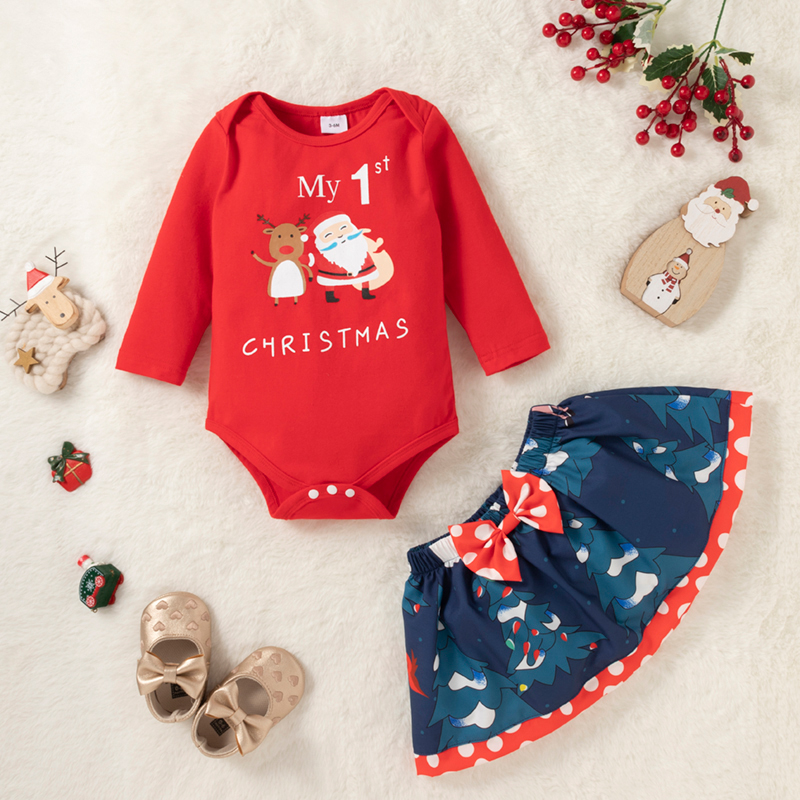 

Christmas 2pcs Baby Girl Cartoon Letter Print Long-sleeve Romper and Mini Skirt Set
