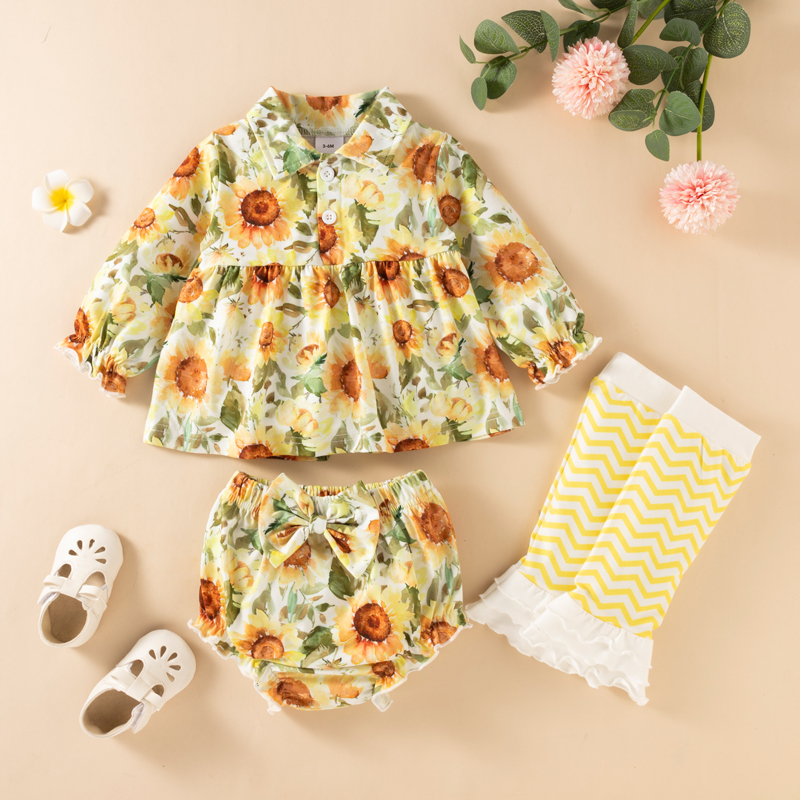 

3pcs Baby All Over Floral Print Lapel Long-sleeve Top and Shorts Set