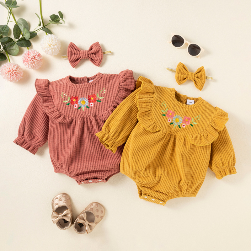 

Baby Girl 2pcs Embroidered Corduroy Retro Rompers And Headband