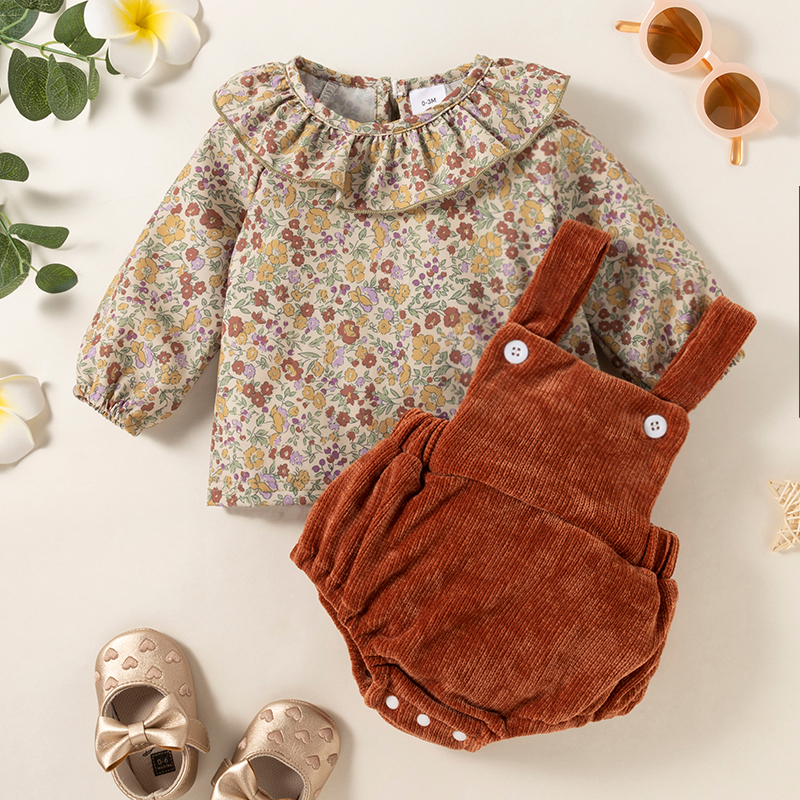 

2pcs Baby Girl Floral Print Ruffle Long-sleeve Top and Corduroy Overalls Shorts Set