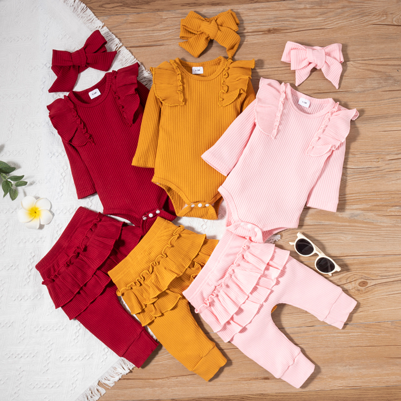 

3pcs Baby Girl Solid Ribbed Cotton Long-sleeve Ruffle Romper and Trousers Set