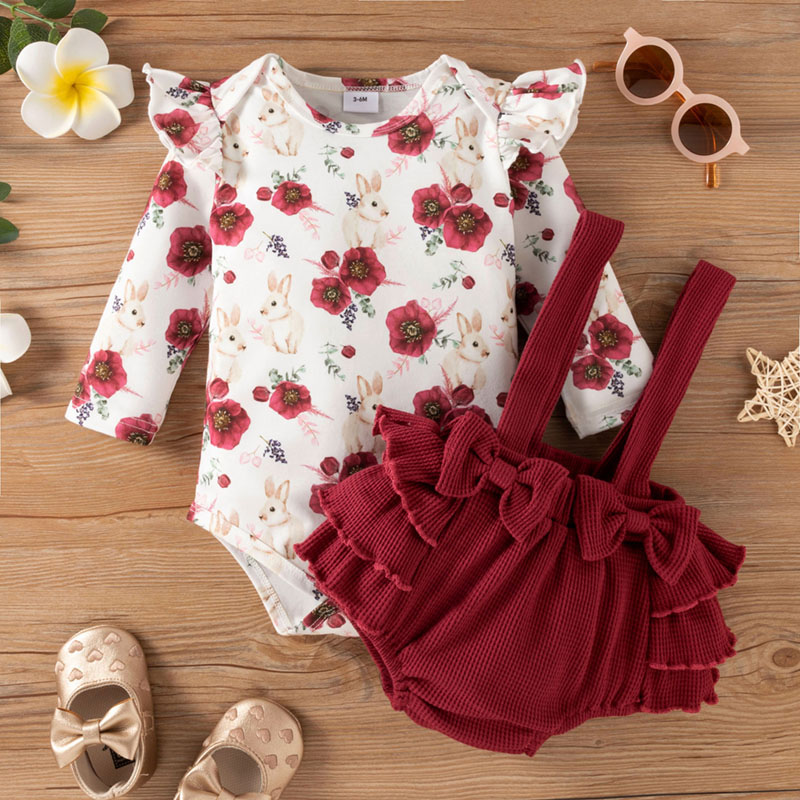 

2pcs Baby Girl All Over Rabbit and Floral Print Ruffle Long-sleeve Cotton Romper and Ruffle Suspender Shorts Set