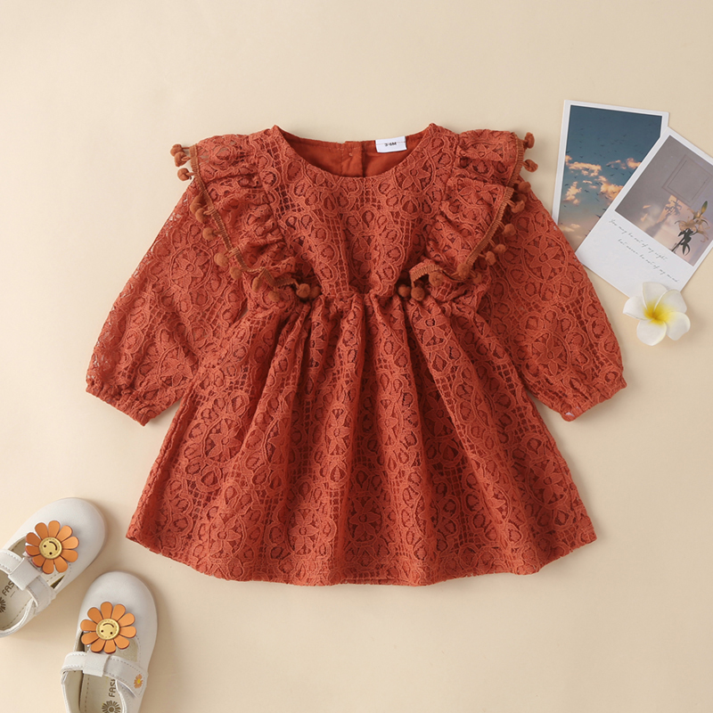 

100% Cotton Baby Girl Brown Floral Lace Pom Poms Long-sleeve Dress