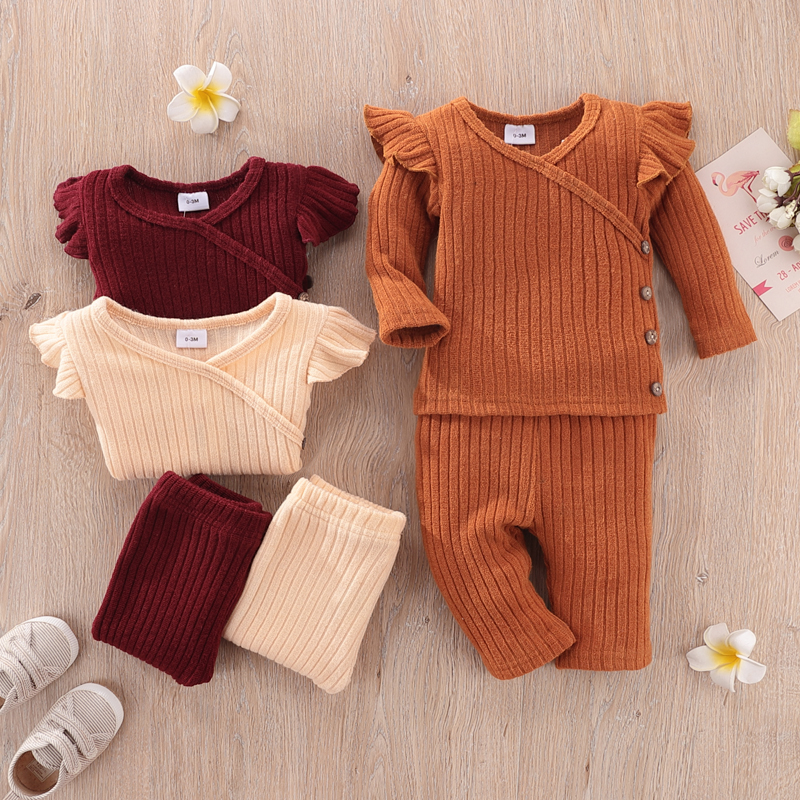 

2pcs Baby Solid Knitted Ribbed V Neck Ruffle Long-sleeve Top and Trousers Set