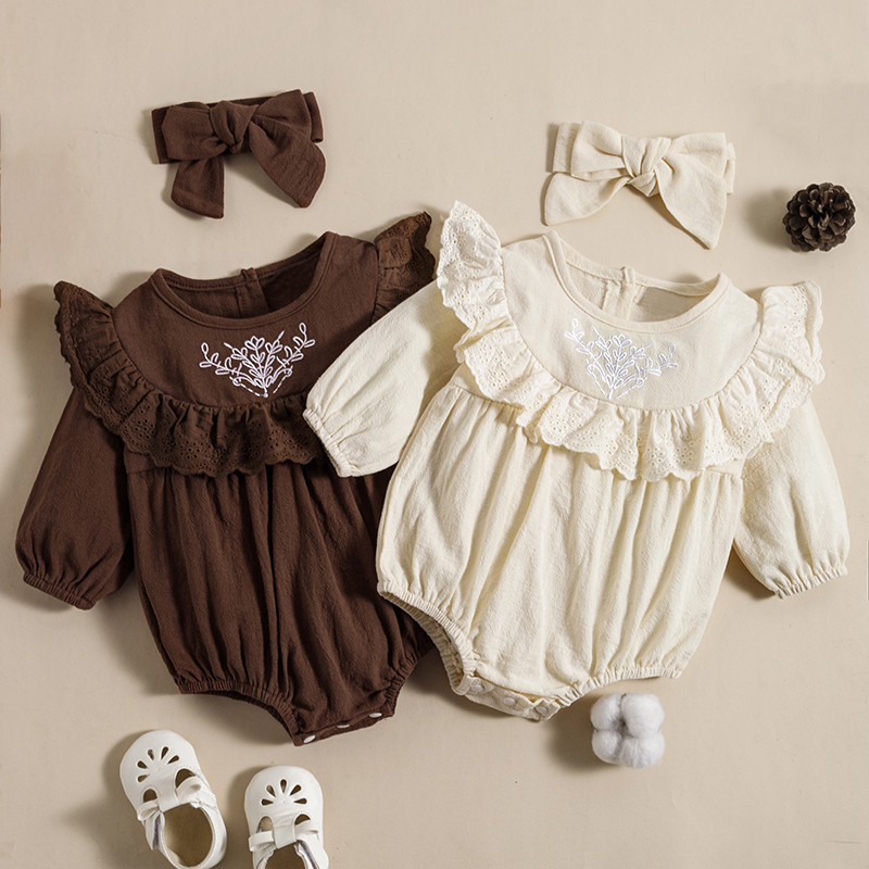 

100% Cotton 2pcs Baby Girl Embroidered Solid Long-sleeve Ruffle Romper Set