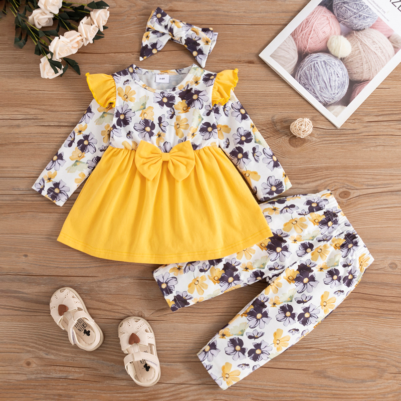 

3pcs Baby Girl Floral Print Long-sleeve Bowknot Splicing Top and Trousers Set