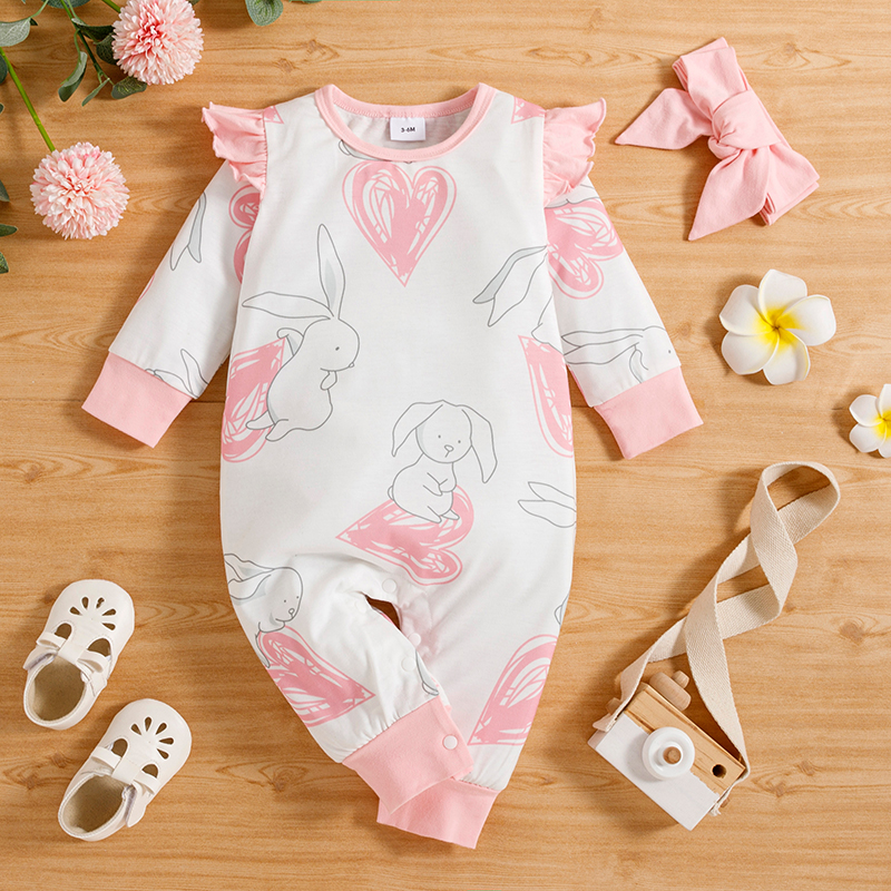 

2pcs Baby Girl Rabbit and Love Heart Print Pink Long-sleeve Jumpsuit Set