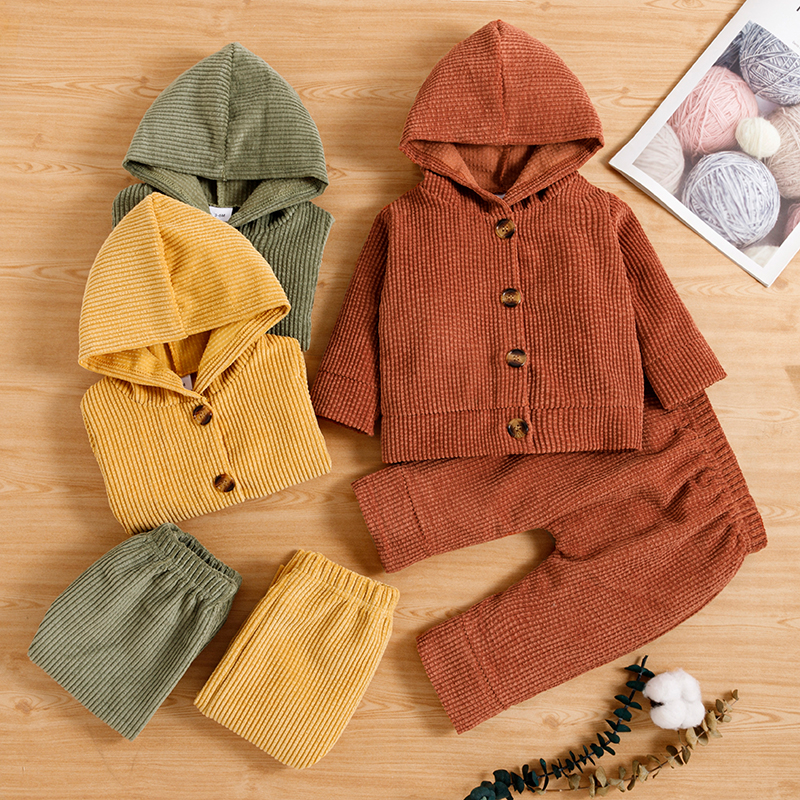 

2pcs Baby Boy/Girl Solid Ribbed Button Down Long-sleeve Hoodie and Trousers Set