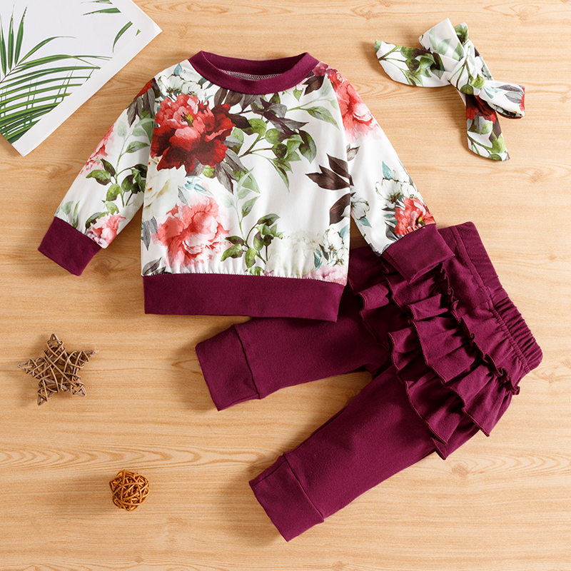 

3pcs Baby Floral Print Long-sleeve Pullover and Solid Layered Ruffle Trousers Set