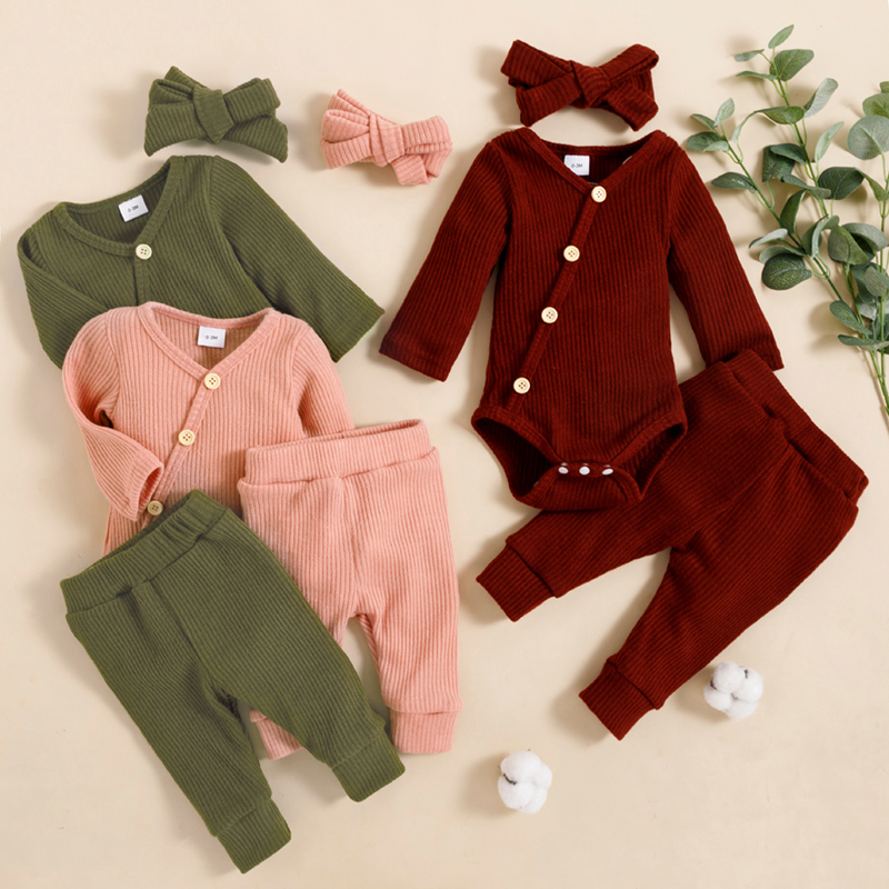 

3pcs Baby Girl Solid Knitted Long-sleeve Romper and Trousers Set