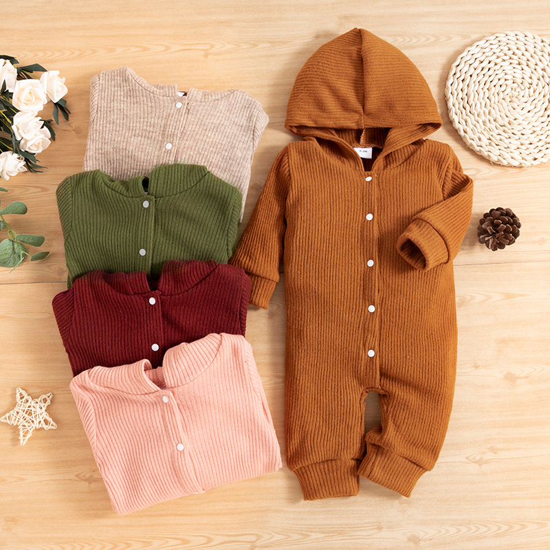 

Baby Girl Solid Knitted Long-sleeve Hooded Jumpsuit