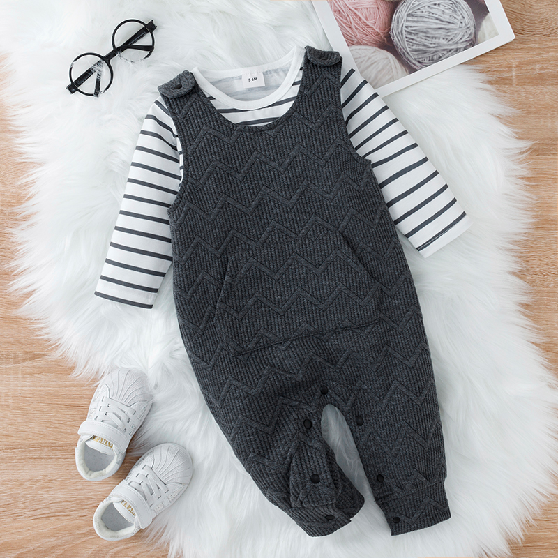 

2pcs Baby Boy Striped Long-sleeve T-shirt and Grey Knitted Overalls Set