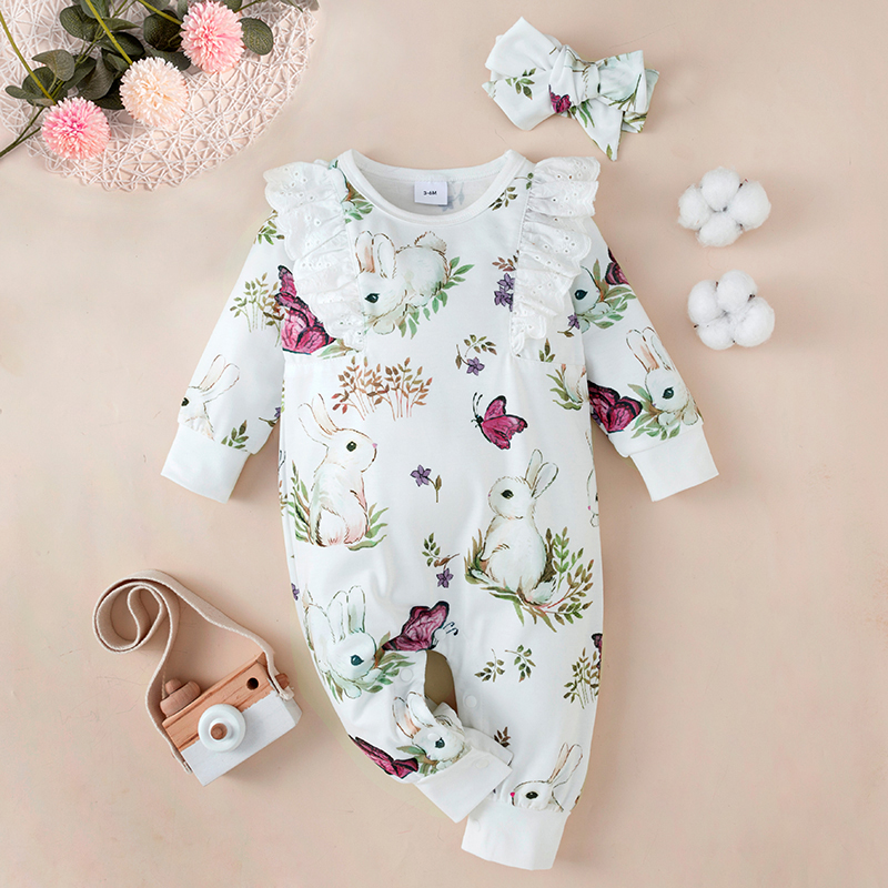 

2pcs Baby Girl All Over Cartoon Rabbit Print White Long-sleeve Ruffle Jumpsuit Set
