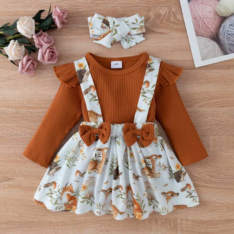 

3pcs Baby Girl Brown Ribbed Long-sleeve Romper and Animal Print Suspender Skirt Set