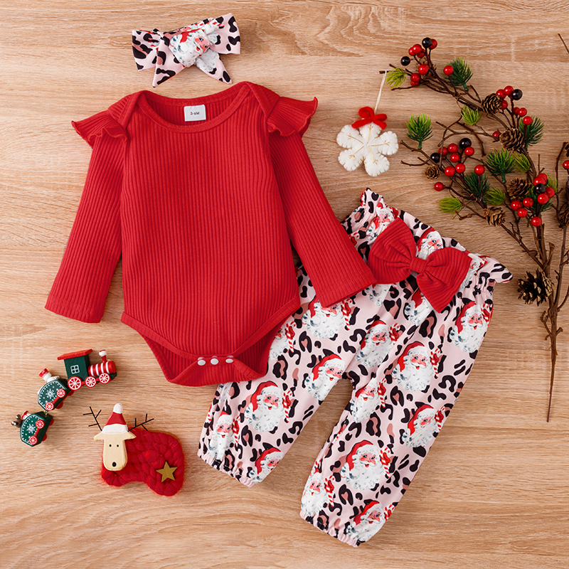 

Christmas 3pcs Baby Girl Red Ribbed Long-sleeve Romper and All Over Santa Print Trousers Set