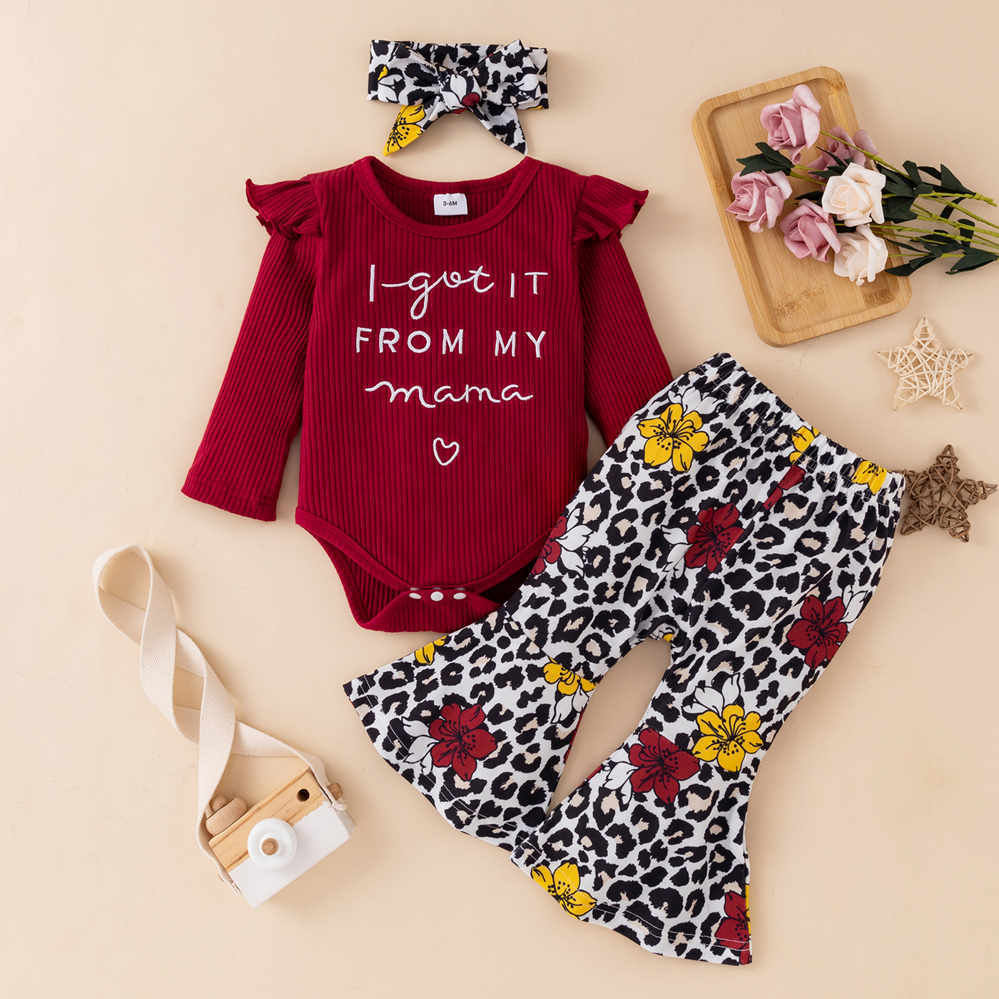 

3pcs Baby Girl Letter Embroidered Solid Ribbed Long-sleeve Romper and Floral Leopard Bell Bottom Pants Set