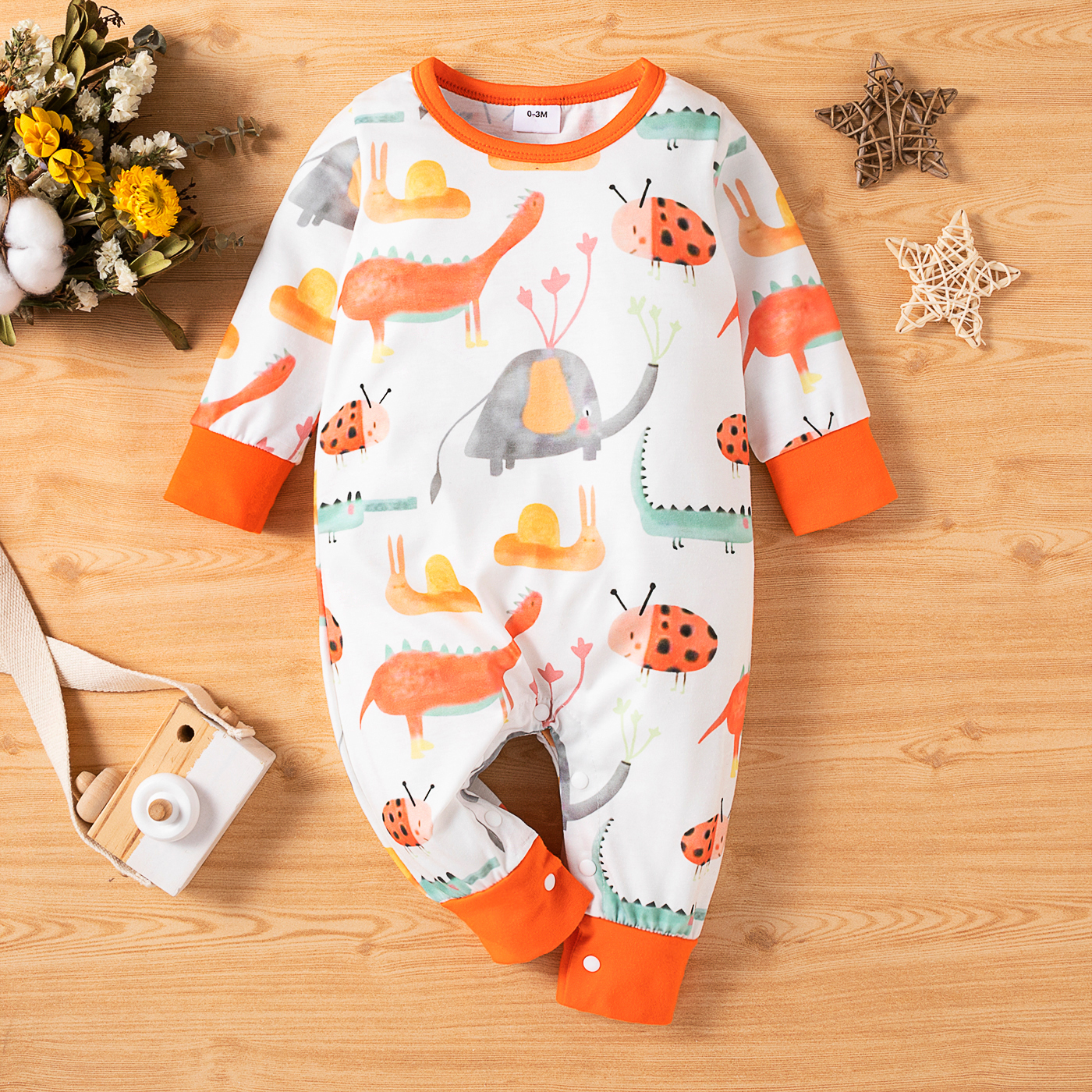 

Baby Boy/Girl All Over Cartoon Animal Print Orange Long-sleeve Jumpsuit