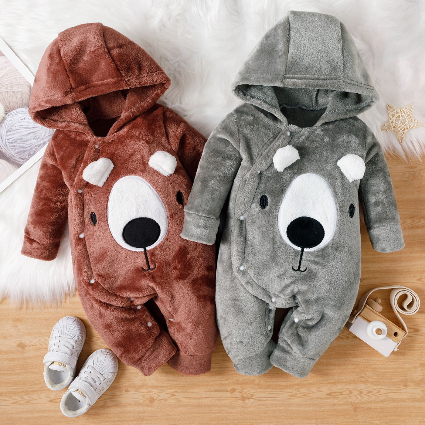

Baby Boy Cartoon Animal Pattern Thickened Fleece Snap-up Long-sleeve Hooded Jumpsuit