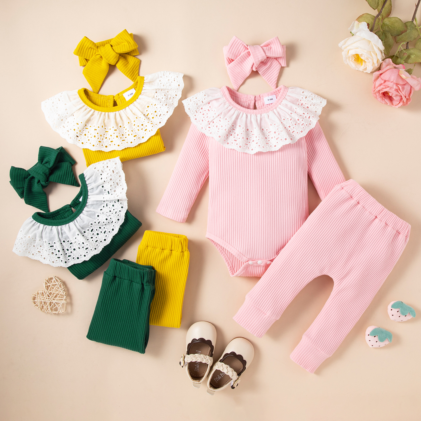 

3pcs Baby Girl Ruffle Collar Solid Ribbed Long-sleeve Romper and Leggings Pants Set