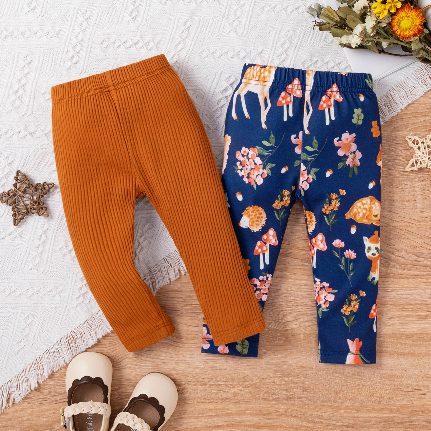 

Baby Girl Ribbed Brown/Blue Animal and Plant Print Pants Leggings