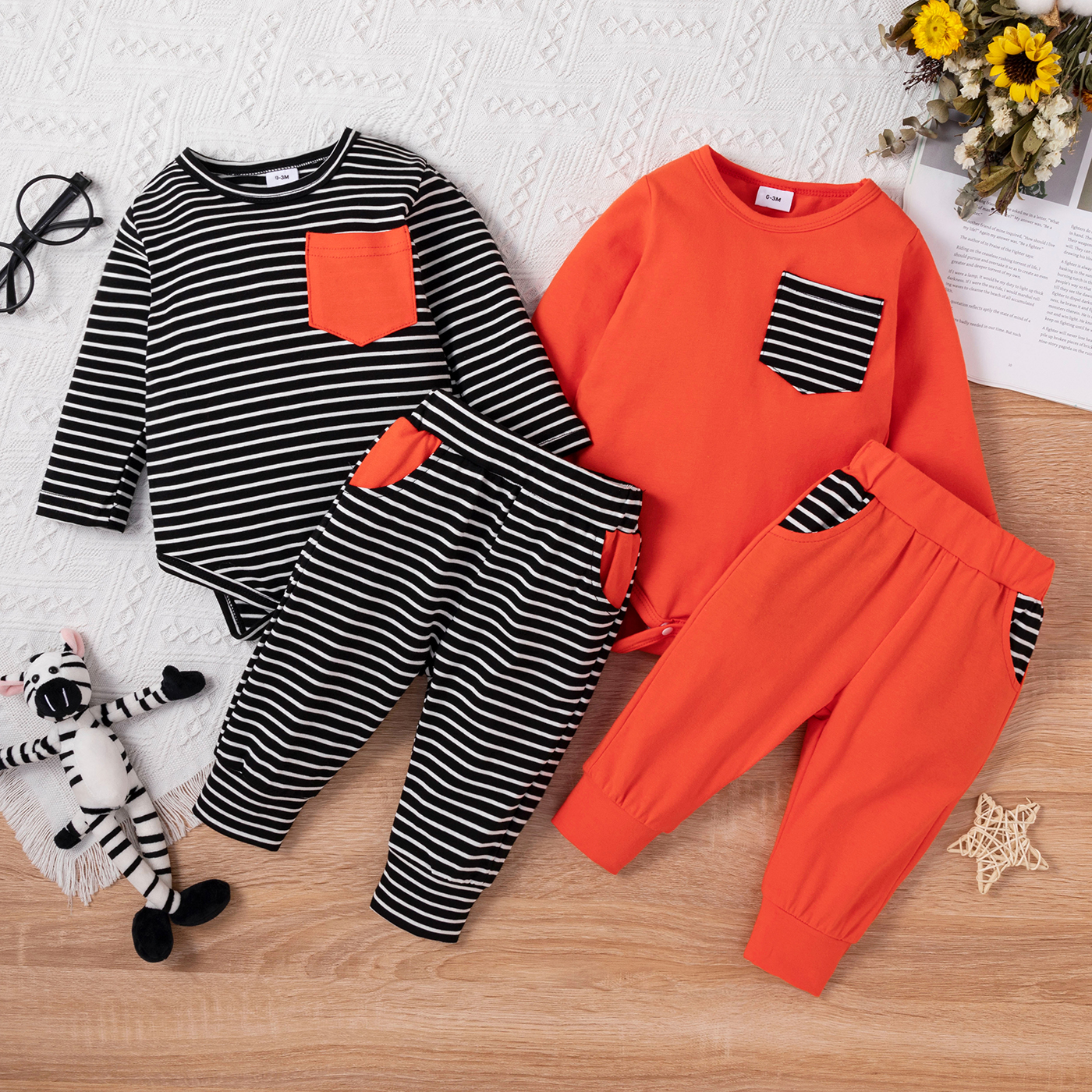 

2pcs Baby Boy Striped/Solid Long-sleeve Romper and Trousers Set