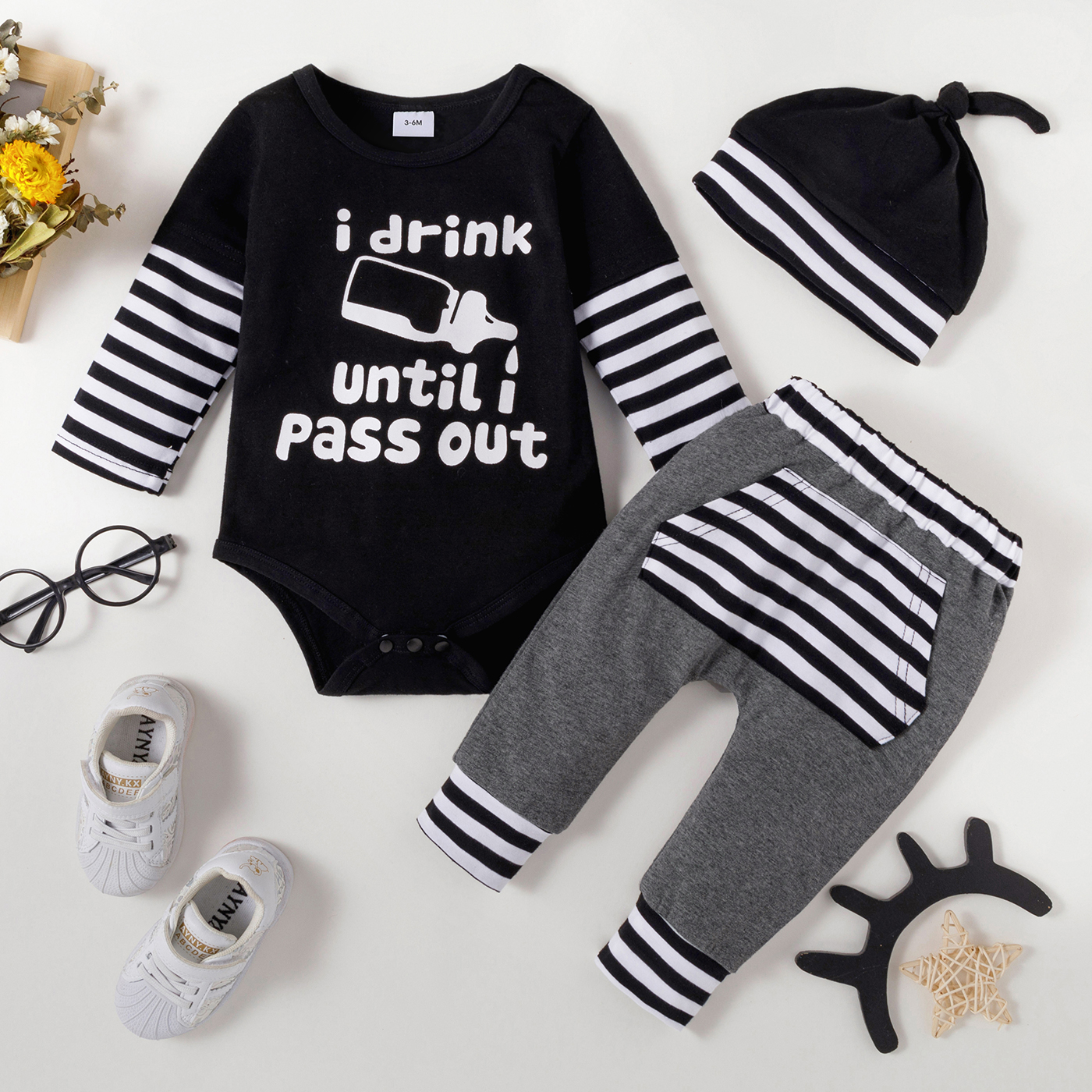 

3pcs Baby Boy Milk Bottle and Letter Print Black Splicing Striped Long-sleeve Romper with Trousers Set