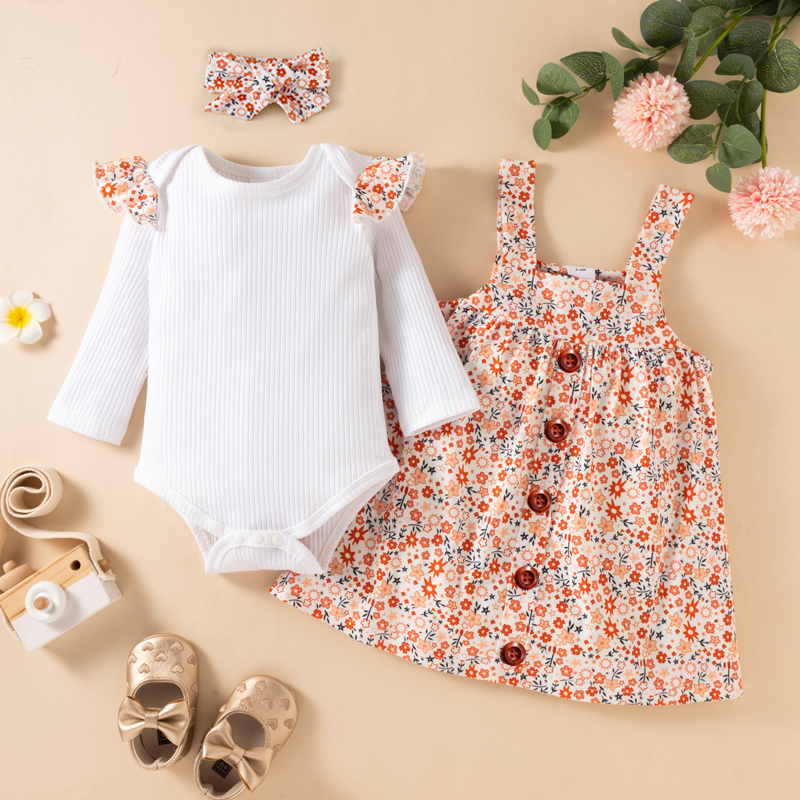 

2pcs Baby Ruffle Long-sleeve Ribbed Romper and Floral Print Sleeveless Dress Set