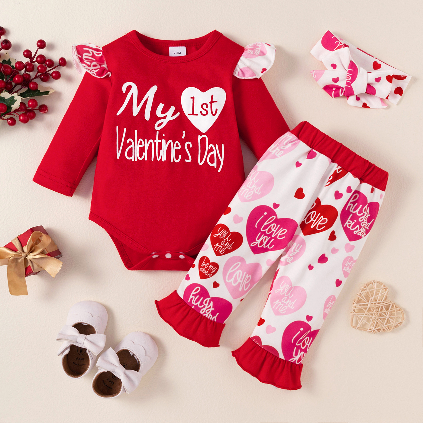 

Valentine's Day 3pcs Baby Girl Red Love Heart Letter Print Long-sleeve Ruffle Romper with Trousers and Headband Set