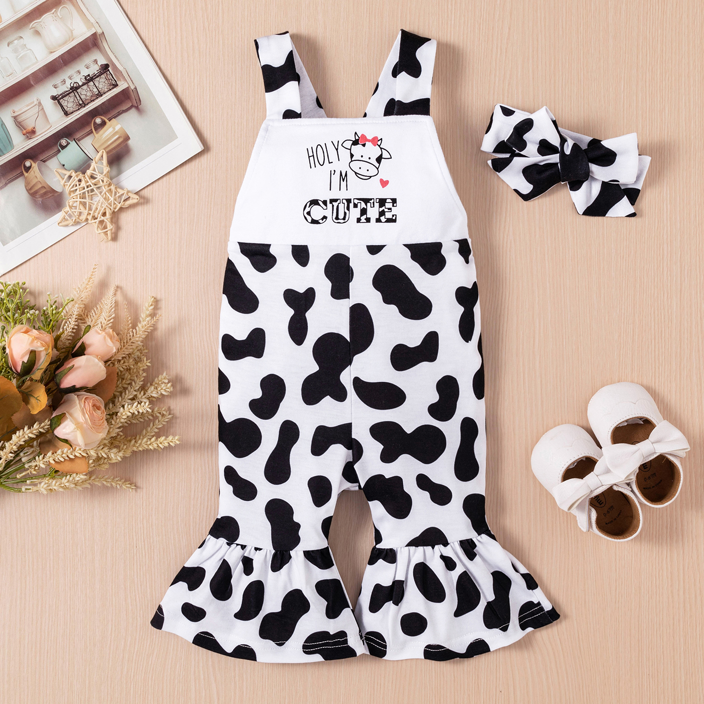 

2pcs Baby Girl 95% Cotton Sleeveless Letter and Cartoon Cow Print Bell Bottom Overalls with Headband Set