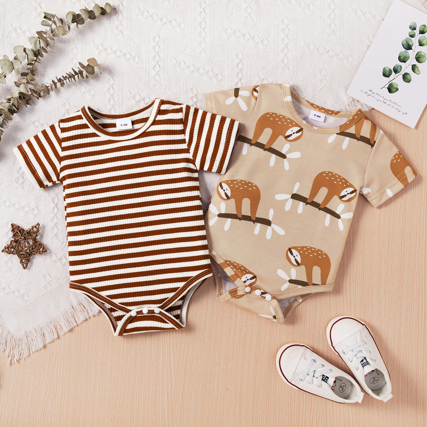 

Baby Boy All Over Animal Print/Striped Ribbed Short-sleeve Romper