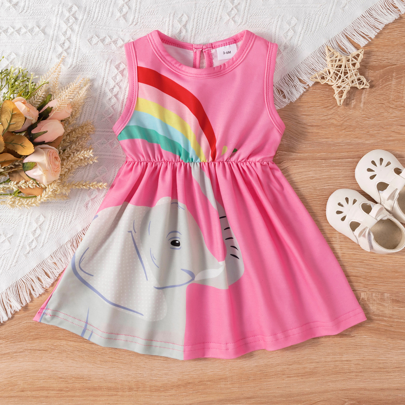 

Baby Girl Rainbow and Cartoon Elephant Print Pink Sleeveless Dress