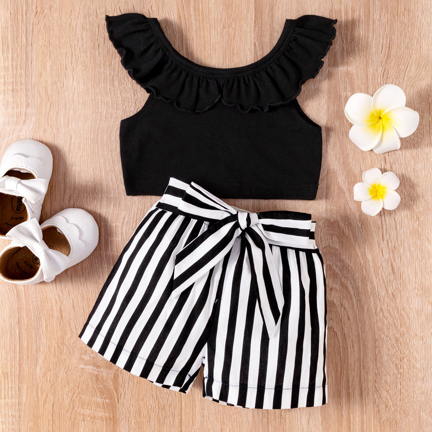 

2pcs Baby Girl 95% Cotton Ruffle Sleeveless Crop Top and Striped Shorts Set