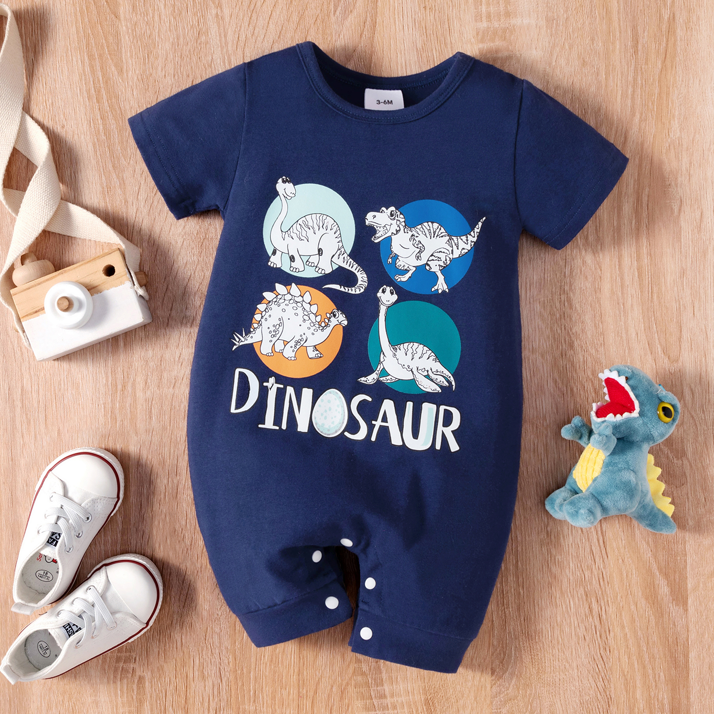 

Baby Boy Cotton Short-sleeve Dinosaur and Letter Print Blue Romper