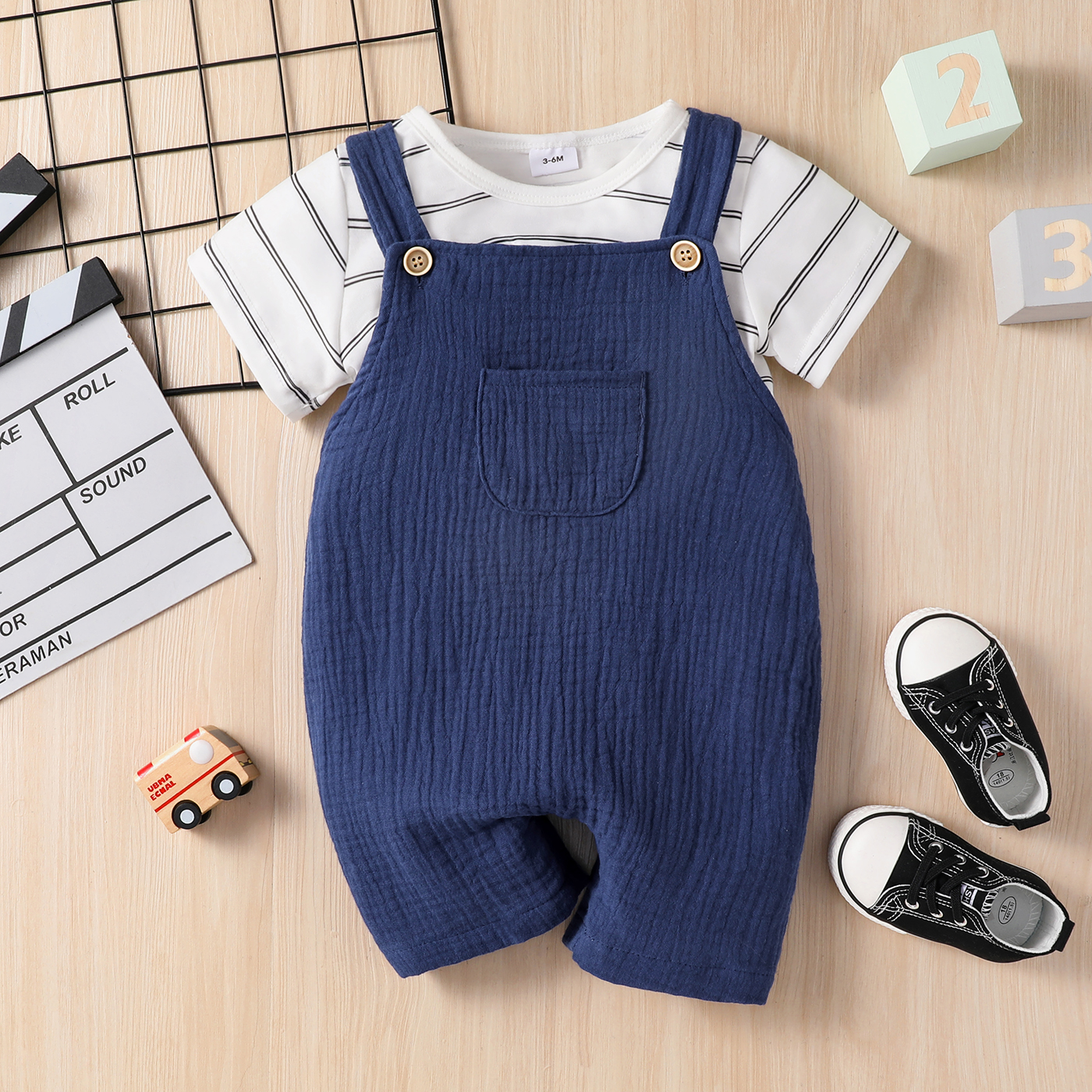 

2pcs Baby Boy 100% Cotton Crepe Overalls and Short-sleeve Striped T-shirt Set