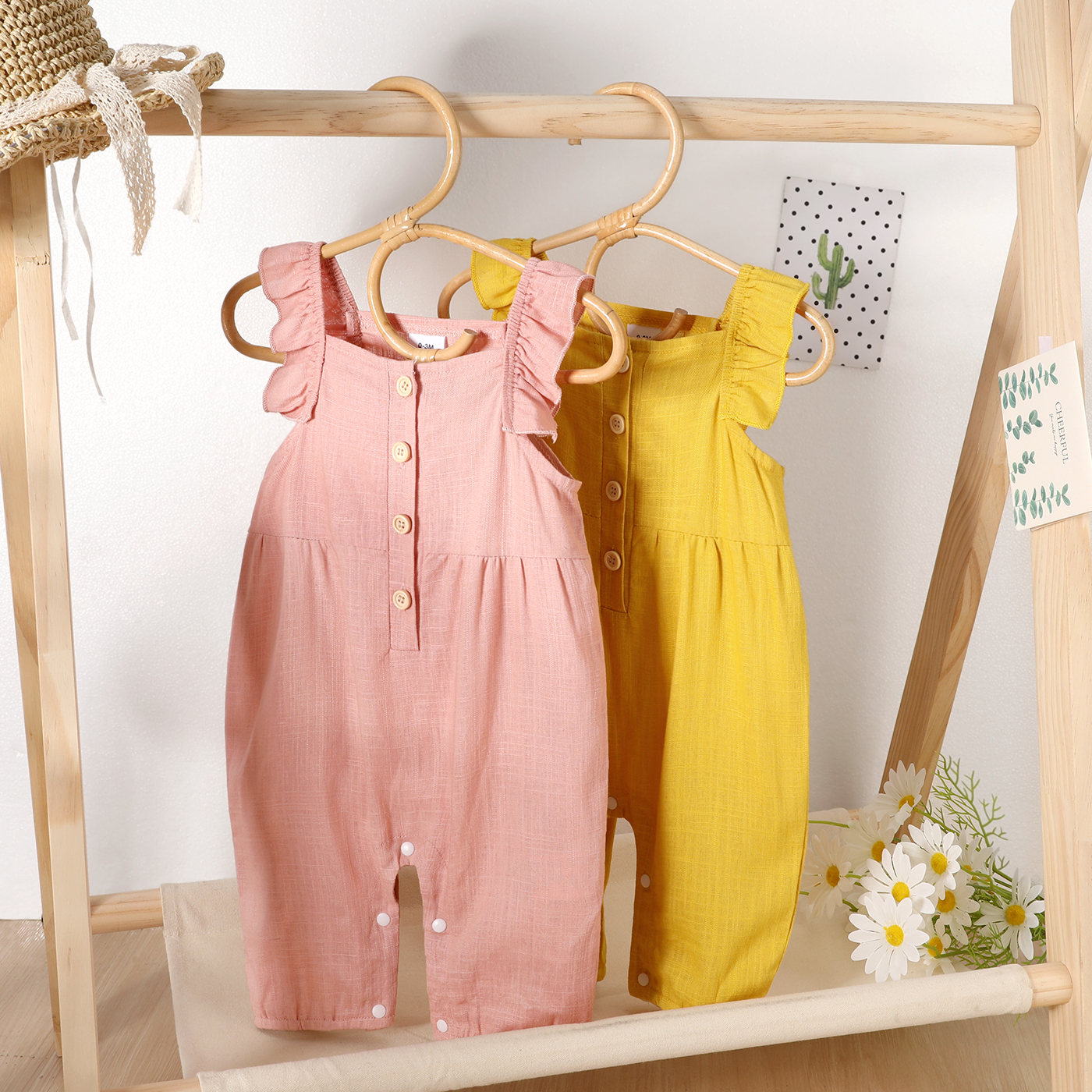 

Baby Girl Button Design Solid Sleeveless Ruffle Linen Jumpsuit