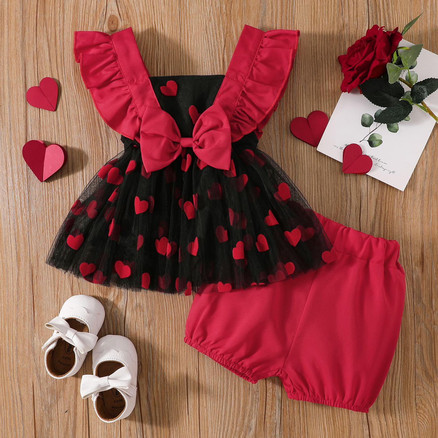 

2pcs Baby Girl All Over Red Love Heart Mesh Ruffle Bowknot Sleeveless Dress and Solid Shorts Set