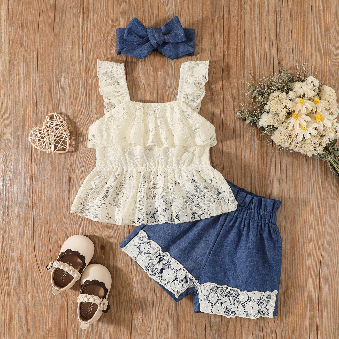 

3pcs Baby Girl 100% Cotton Shorts and Sleeveless Lace Ruffle Top with Headband Set