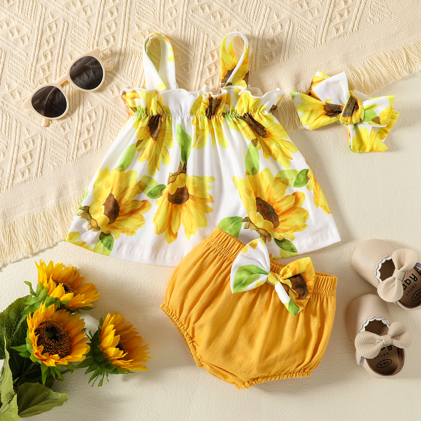 

3pcs Baby Girl 100% Cotton Shorts and Sunflower Floral Print Sleeveless Top with Headband Set