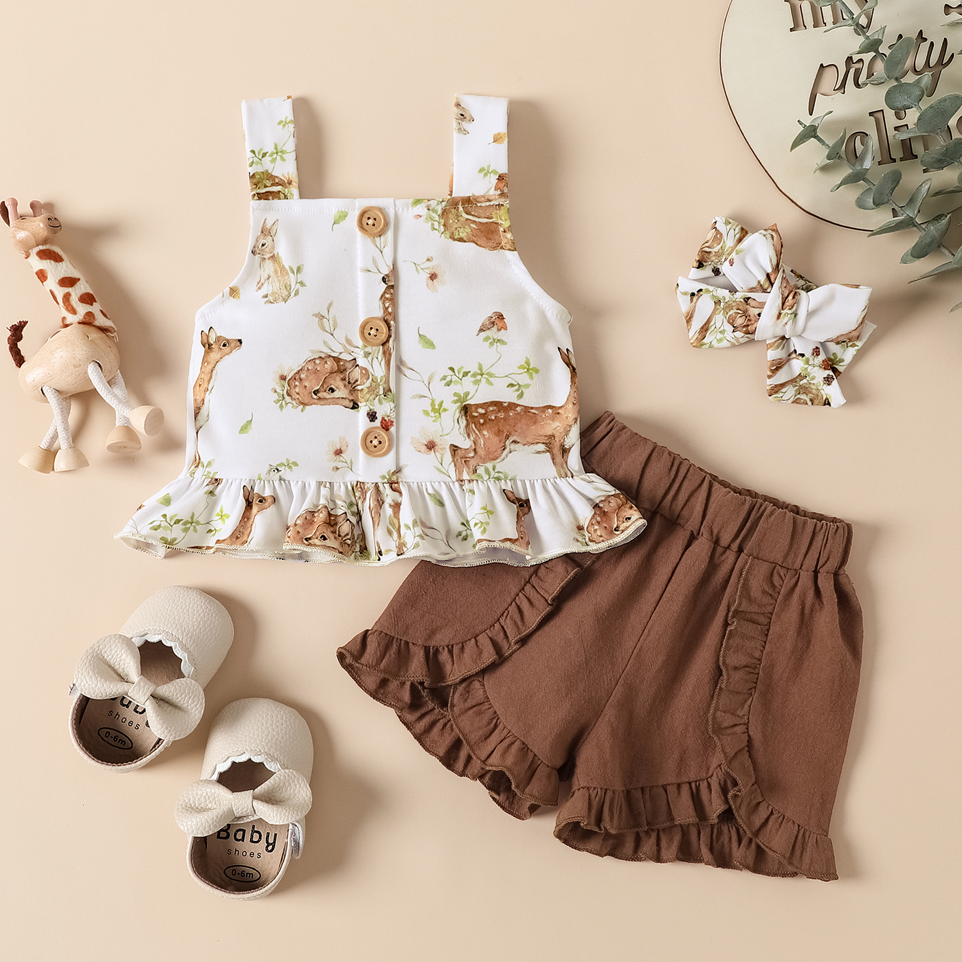 

3pcs Baby Girl 100% Cotton Ruffle Trim Shorts and Allover Animal Print Tank Top Set