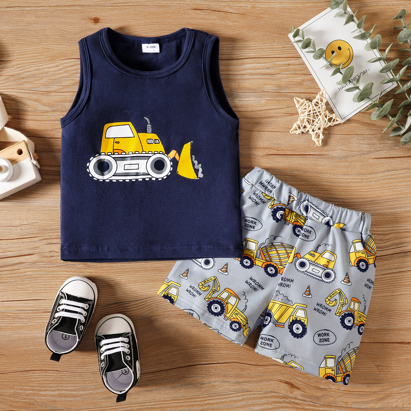 

2pcs Baby Boy 100% Cotton Excavator Print Sleeveless Tank Top and Shorts Set
