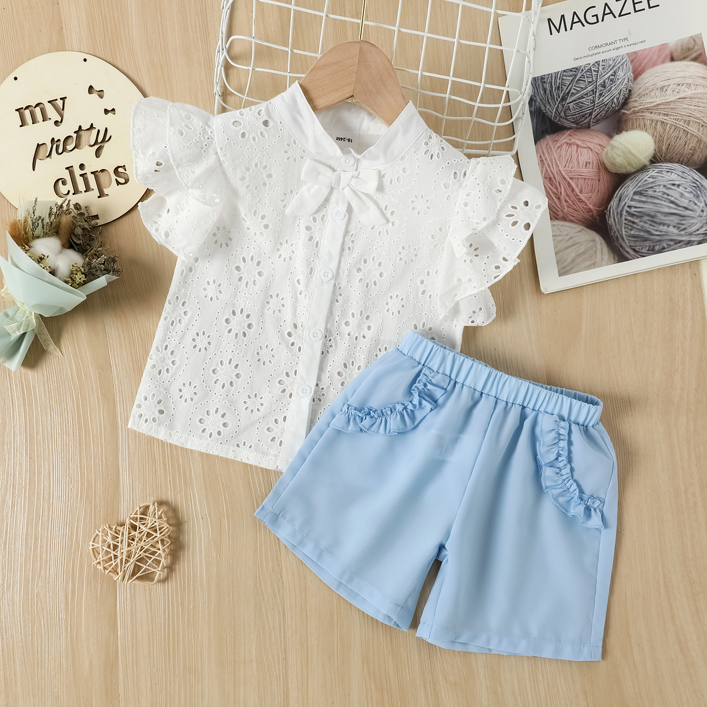 

Mini Lady Toddler Girl 2pcs 100% Cotton Floral Embroidery Flutter-sleeve White Top and Blue Shorts Set