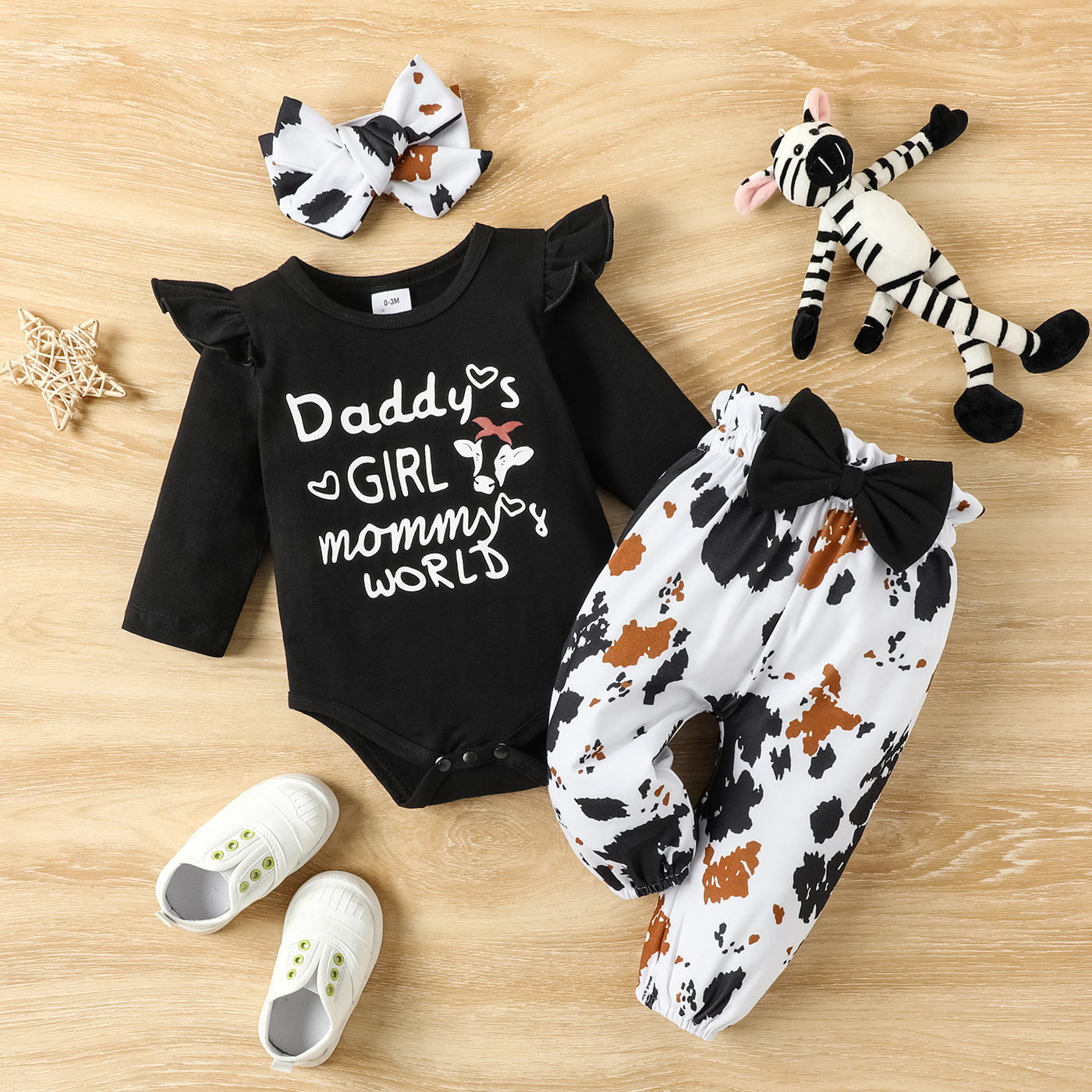 

3pcs Baby Girl 95% Cotton Long-sleeve Letter Print Romper and Bow Front Pants with Headband Set